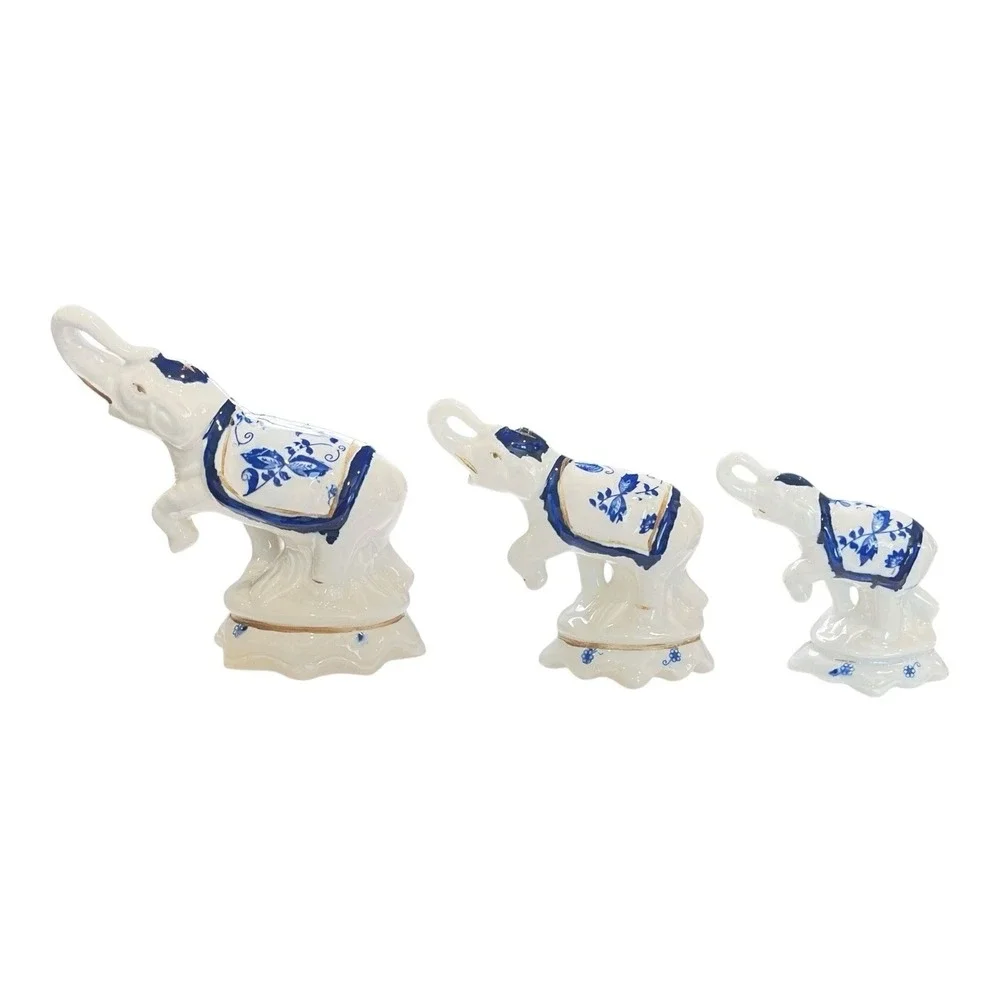 Vintage‎ Lot of 3 Blue Gold White Elephant Decor ~ Small Med Large